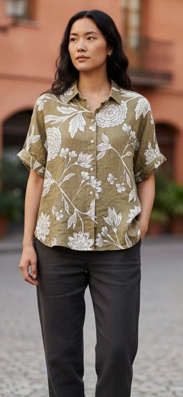Joie 100% Linen Floral Print Short Sleeve Button-Down Shirt